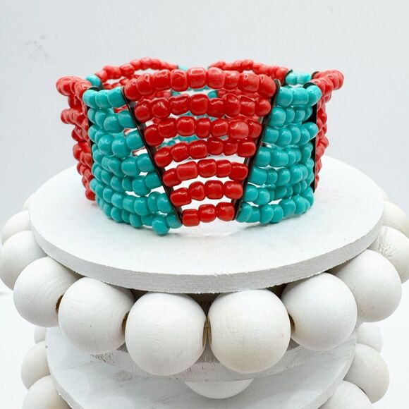 Coral Turquoise Glass Seed Bead Color Block Stretch Bracelet Boho Southwest - Picture 1 of 12